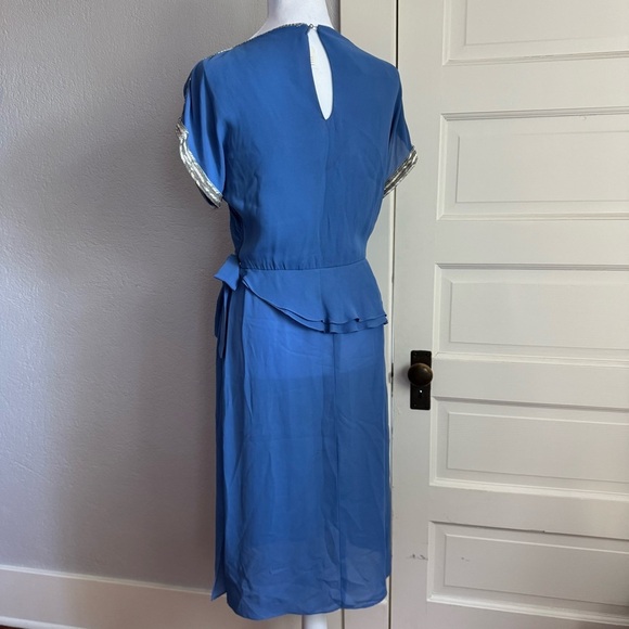 Vintage Norman Berg Blue Peplum Dress w/ Hand Beaded Trim - Picture 9 of 15